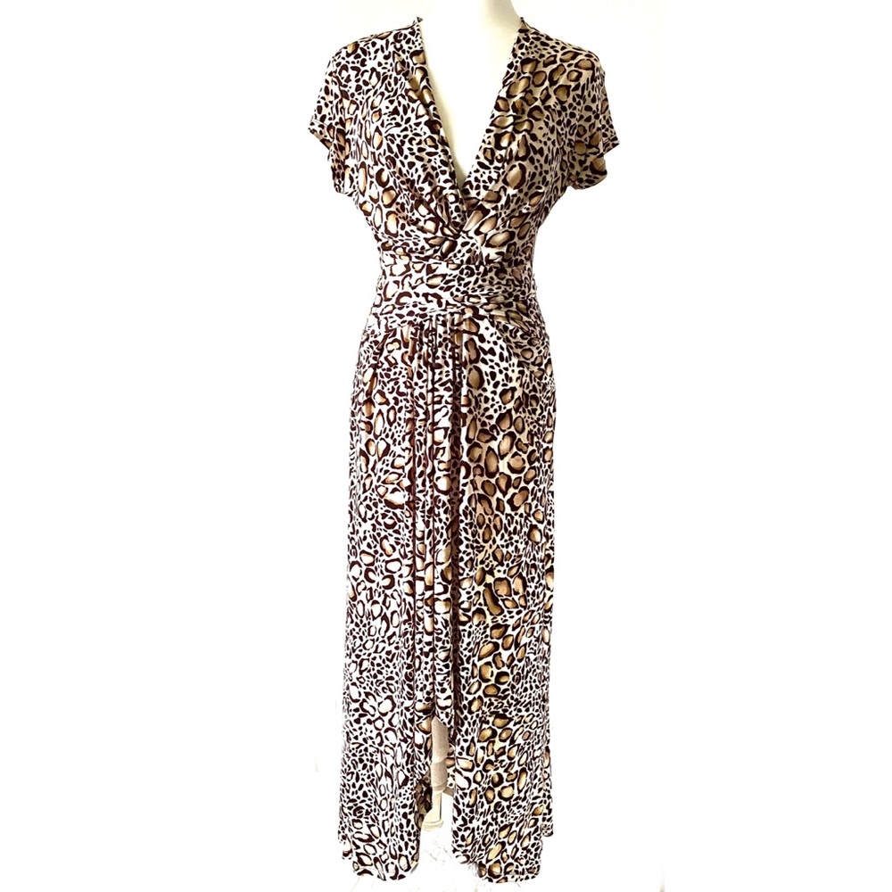 IMAN Tie Waist High/Low Dress Leopard Print Brown